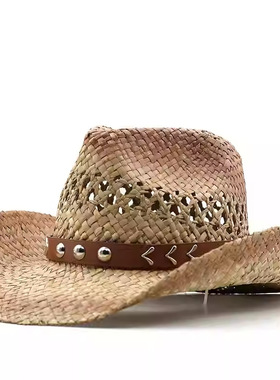 镂空巴拿马草帽男户外草编帽子女款大头围礼帽美式复古西部牛仔帽