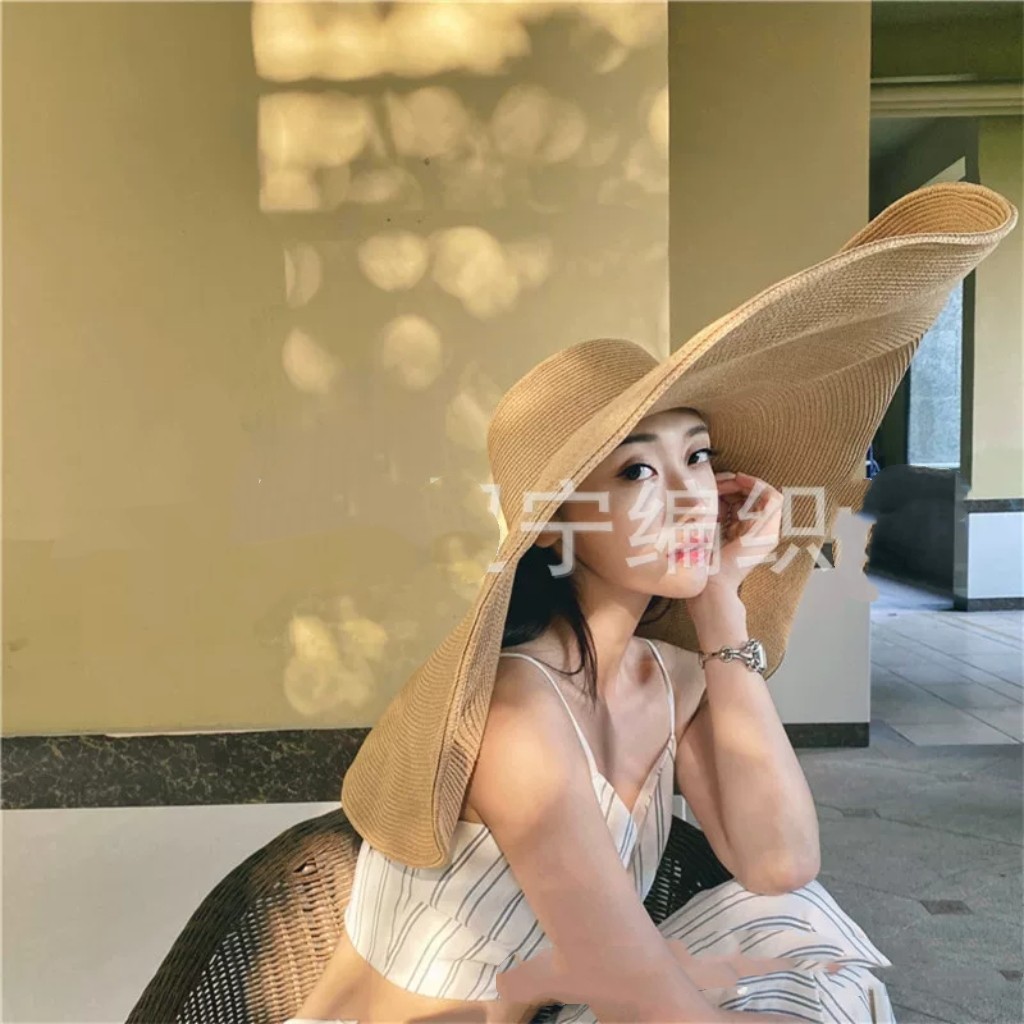 夏季大沿加长30cm草帽海边沙滩防晒帽出游遮阳帽可折叠太阳帽女