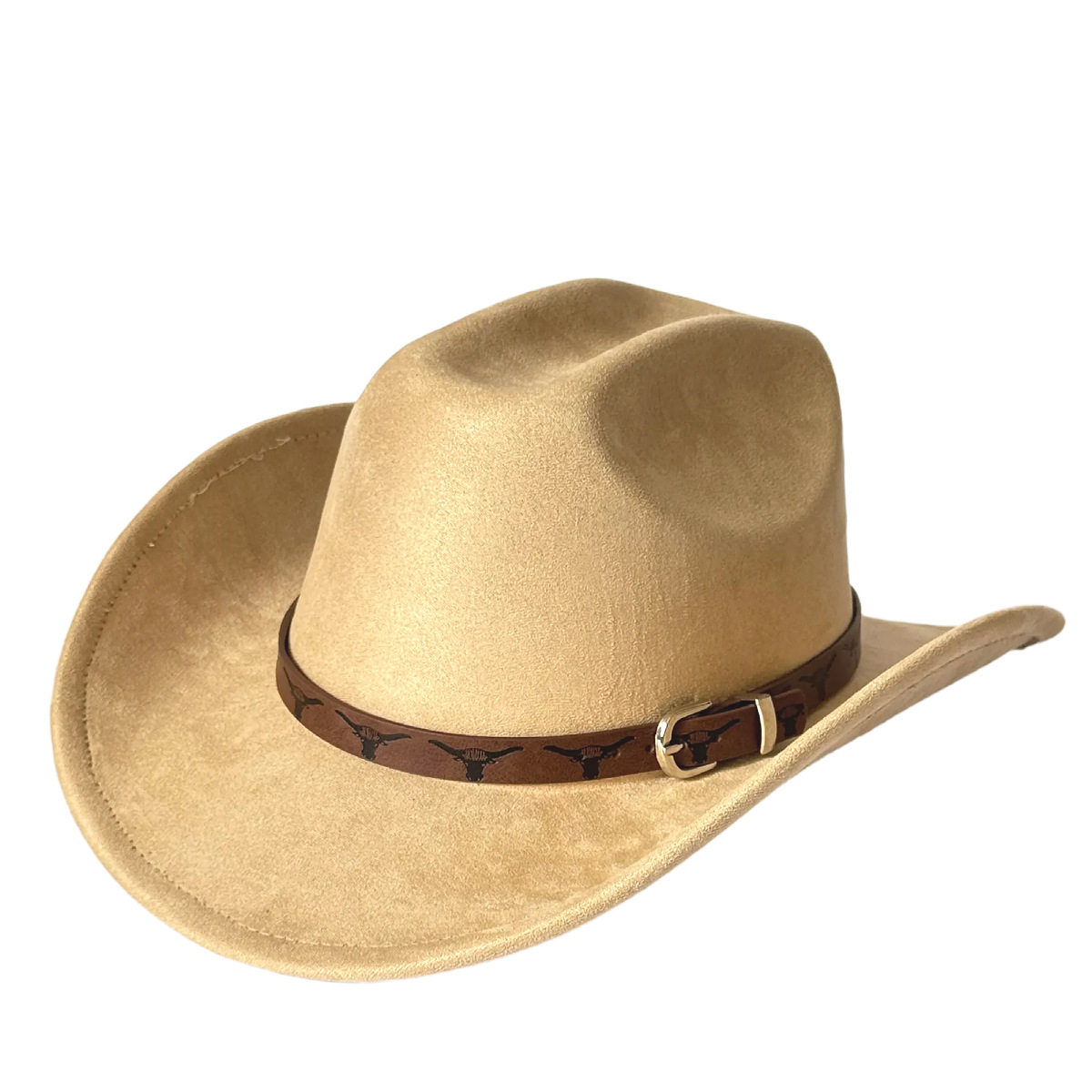 跨境亚马逊牛头皮带装饰牛仔帽复古麂皮绒翘边绅士帽男女士礼帽