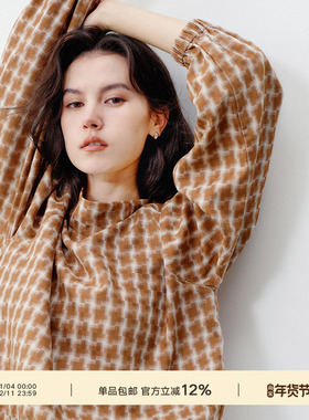 NextWeekend「窗格」通勤100%天丝千鸟格立领印花宽松小衫