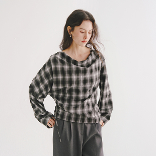 Next Weekend「经纬诗」宽松慵懒风荡领格纹长袖衬衫上衣