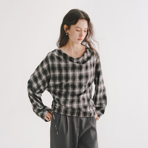 Next Weekend「经纬诗」宽松慵懒风荡领格纹长袖衬衫上衣