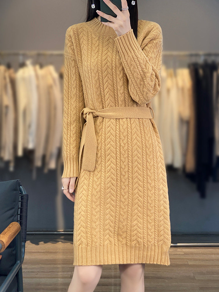 秋冬女士羊绒毛衣麻花圆领套头针织衫中长款纯羊毛打底衫加厚长裙