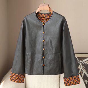 百搭圆领国风PU皮衣双面穿新中式 时尚 外套女 新款 不是真皮2026春季