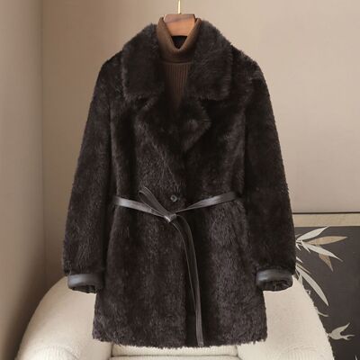 少量现货2026海宁春季新款拉贡羊皮毛一体外套女士中长款系带皮草