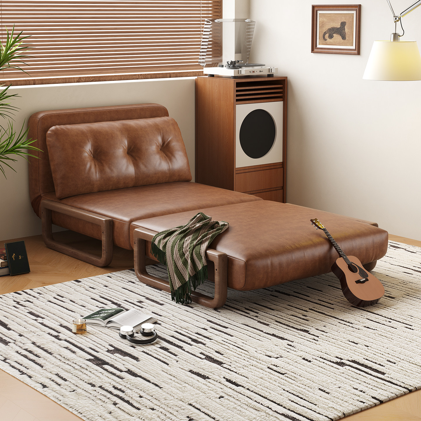 司朴中古风实木沙发床小户型书房折叠两用复古风油蜡皮单人沙发椅