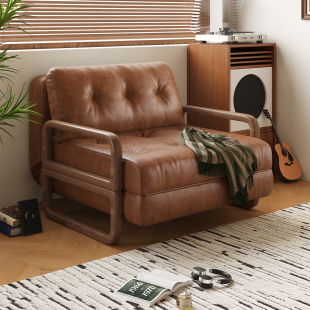 司朴中古风多功能实木沙发床小户型家用书房折叠一体两用沙发拉床