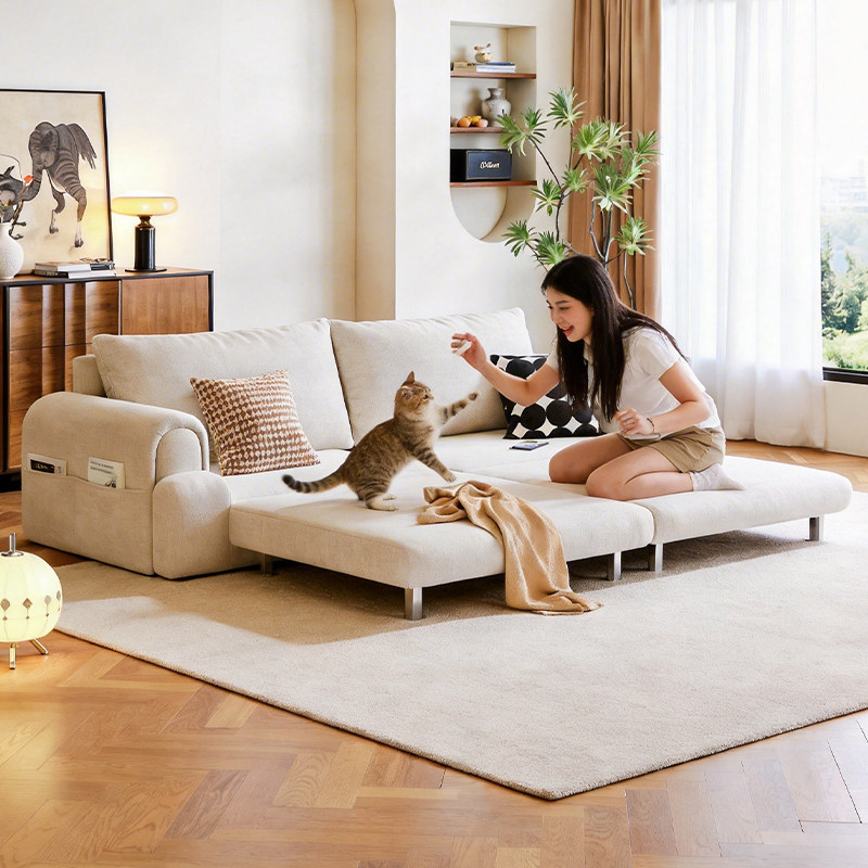 司朴奶油风泡芙沙发床客厅小户型可折叠一体两用雪尼尔布艺沙发