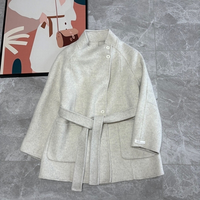 立领收腰毛呢外套女士中短款大衣