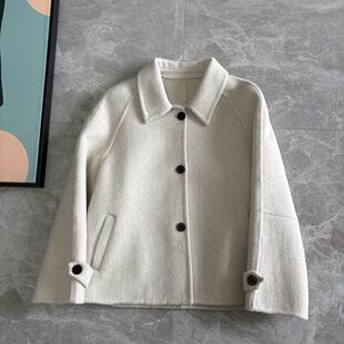 韩系简约双面羊毛短款 大衣女秋冬翻领单排扣宽松显瘦毛呢外套上衣