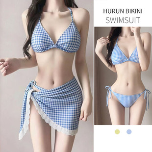 游泳衣女少女保守辣妹甜美格子显瘦分体三件套bikini度假温泉泳装