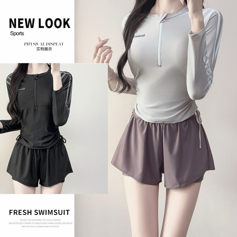 保守长袖防晒泳衣女2025年新分体式平角学生温泉款游泳装运动款