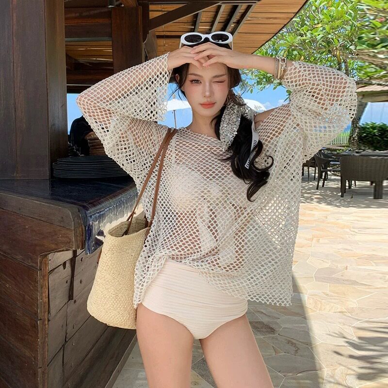 仙女游泳衣女分体比基尼bikini三件套罩衣长袖蕾丝性感温泉度假女