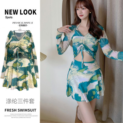 长袖比基尼bikini分体游泳衣女三件套高级感温泉网红显瘦遮肉泳装