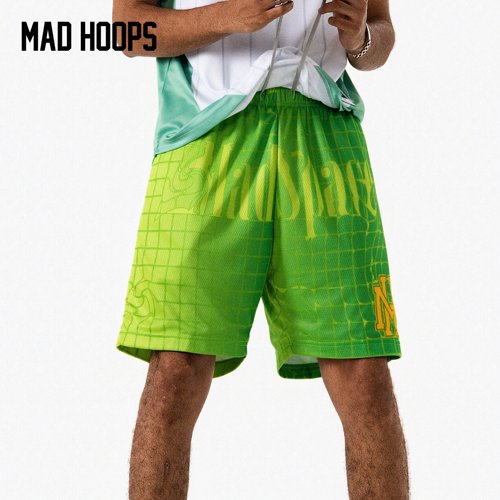 Madhoops2026新品渐变绿篮球短裤男夏季透气网格印花运动四分短裤