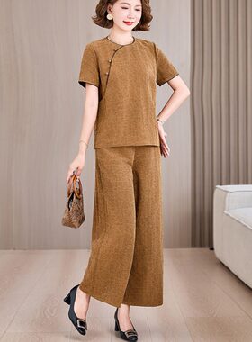 贵夫人妈妈新中式国风套装女2026新款香云纱短袖上衣直筒阔腿裤子