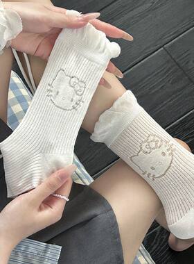 洛丽塔暗纹hellokitty袜子KT蝴蝶结中筒花边堆堆白色透气皮鞋jk甜