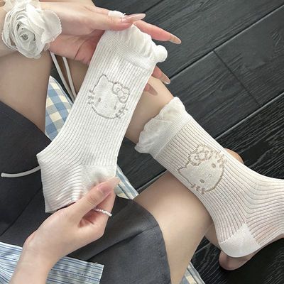 洛丽塔暗纹hellokitty袜子KT蝴蝶结中筒花边堆堆白色透气皮鞋jk甜