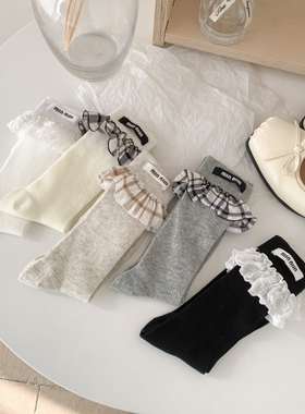 韩国风大花边格纹min布标中筒袜女棉薄春夏季百搭长款堆堆袜日系