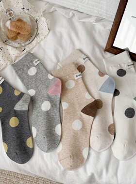 5双包邮春夏韩风彩虹波点中筒袜女生日系吸汗布标复古袜子精梳棉