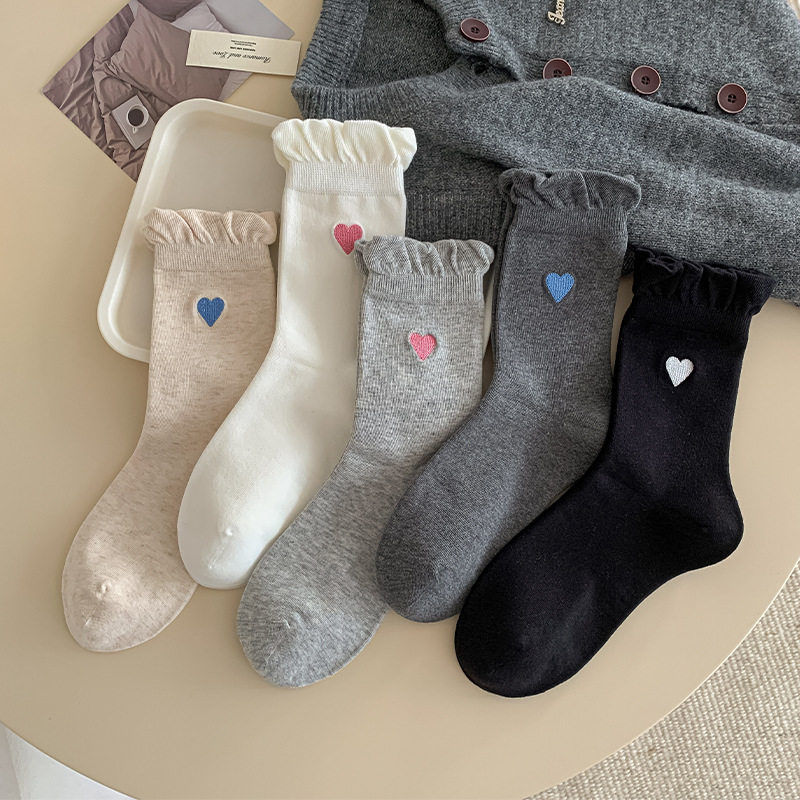 韩国袜子女甜美泡泡口中筒袜2025秋季新款刺绣爱心百搭堆堆袜无骨