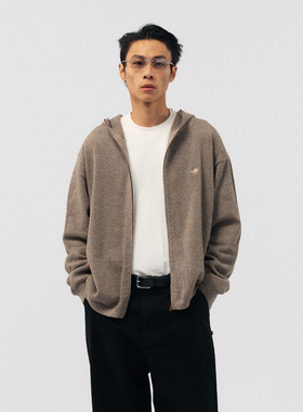 BOHRHOO25AW「680G纯棉+双拉链」纯色刺绣镂空连帽毛织衫外套男秋