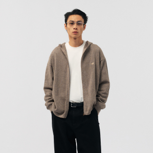 BOHRHOO25AW「680G纯棉 外套男秋 双拉链」纯色刺绣镂空连帽毛织衫