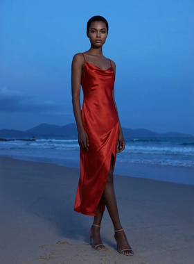 吉然JIRANDESIGN豹纹-真丝桑蚕丝高端定制吊带裙旅行独家超长斜裁