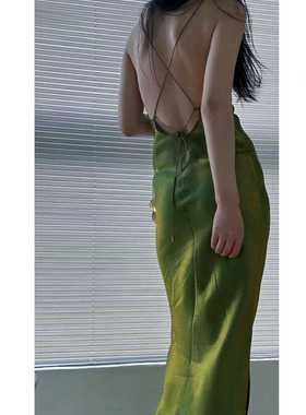 波光粼粼绿色露背吊带裙人鱼裙赎罪绿连衣裙真丝桑蚕丝晚礼服礼裙