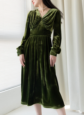 春夏复古高端法式高腰V领长袖绿色真丝金丝绒连衣裙长裙高级感红