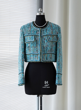 JIRANDESIGN 高端定制宝石蓝早秋轻奢风短款羊毛小香风外套上衣