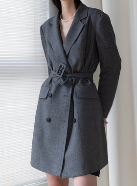 JIRANDESIGN秋季灰色100%羊毛长袖直筒高个子加长西装裙学院风