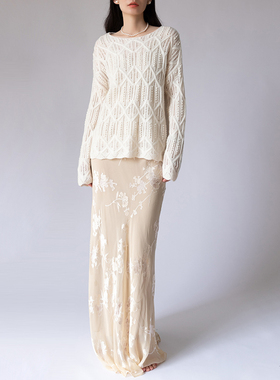 JIRANDESIGN 早秋100%宽松羊绒衫针织衫白色套头圆领长袖薄毛衣