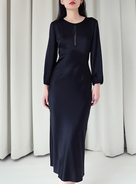 JIRANDESIGN-定制纱幕夜色 黑色简约真丝连衣裙 桑蚕丝连衣裙缎面