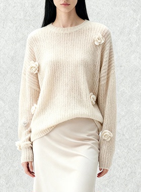 JIRANDESIGN-软糯圆领领宽松山羊绒衫女针织毛衣温柔立体花朵