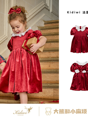 4Z现货大熊家KIDIWI 25秋冬女童红色丝绒打揽裙圣诞新年节日