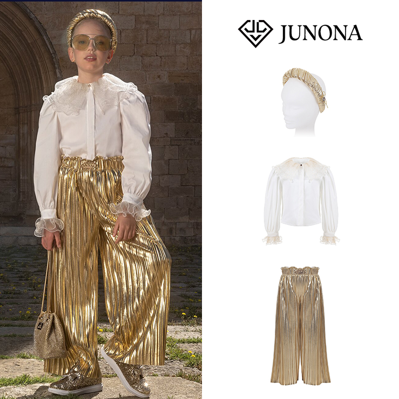 大熊家Junona姐妹装衬衫礼服裙女童女宝金色阔腿裤灯笼袖洋气翻领