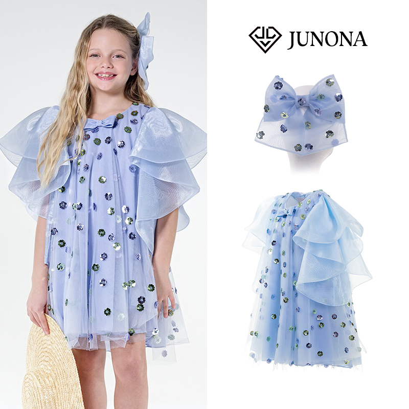 大熊家 Junona亲子装礼服裙女童蓝色薄纱亮片圆领蝴蝶结连衣裙