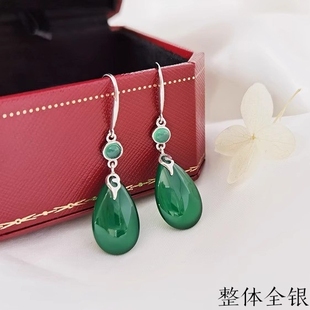 S925純銀中式 復(fù)古中國(guó)風(fēng)耳環(huán)水滴綠玉髓耳飾漢服耳墜氣質(zhì)輕奢耳鉤