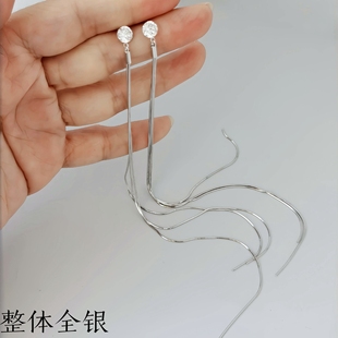通体s925纯银时尚高级感耳环超长款流苏耳坠气质闪亮锆石钉式耳线