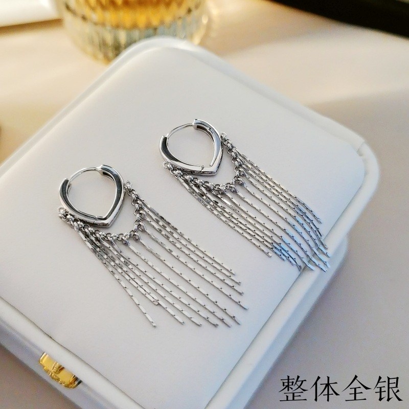 通体S925纯银爱心形竹节流苏耳扣休闲耳坠日常百搭耳饰设计感耳环