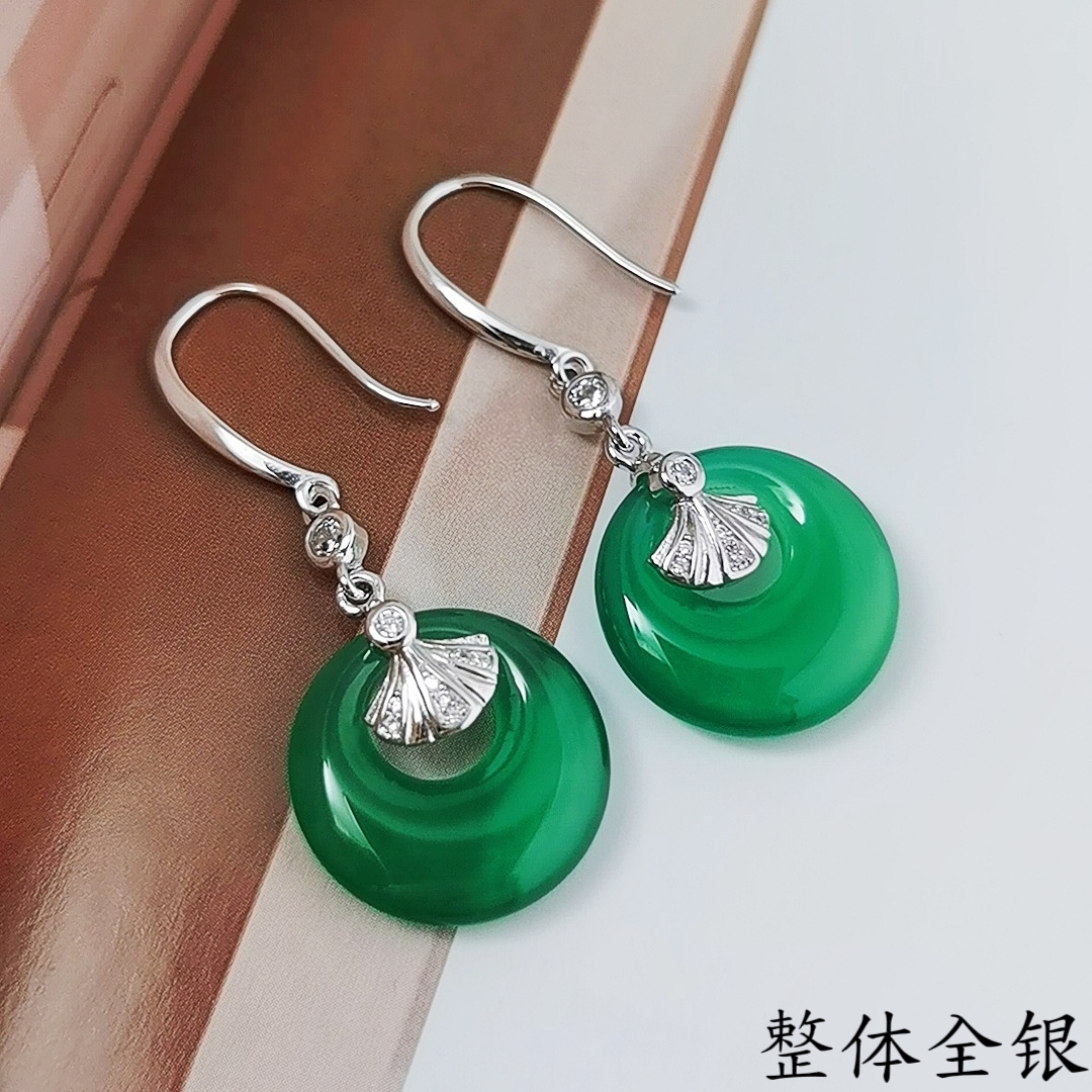 复古中国风通体S925纯银耳环绿玉髓平安扣耳坠百搭银杏叶耳饰旗袍