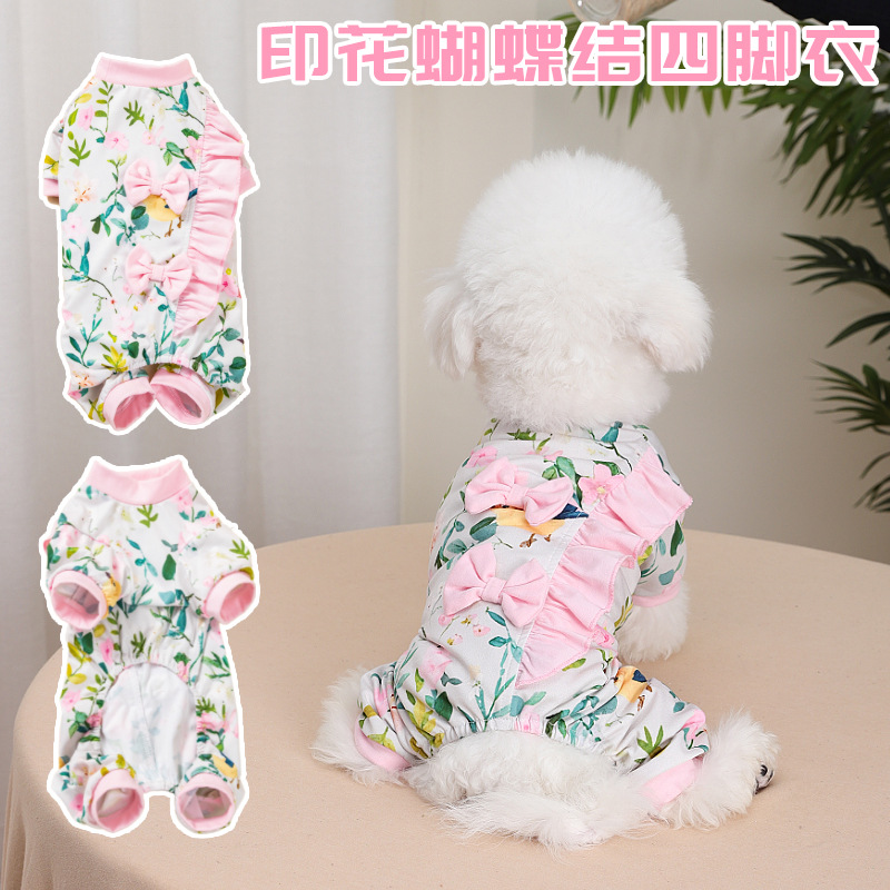 春夏新款宠物用品猫狗衣服蝴蝶结蕾丝公主风粉色印花连衣裙日韩风