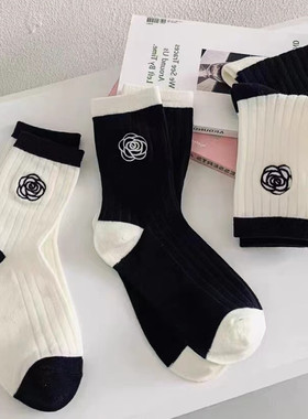 日系春夏薄款ins潮山茶花玫瑰刺绣甜美舒适黑白竖条纯棉中筒袜子