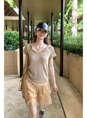 质感～ 通勤百搭天丝亚麻短袖杂纱夏季显瘦v领针织t恤