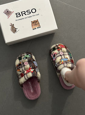 格子加绒保暖防滑平底包头拖女外穿秋冬时尚绒面休闲棉拖鞋毛毛鞋