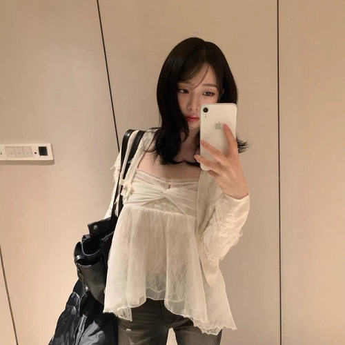 现～柳智敏同款蕾丝网纱拼接吊带背心女夏纯欲风交叉扭结宽松上衣