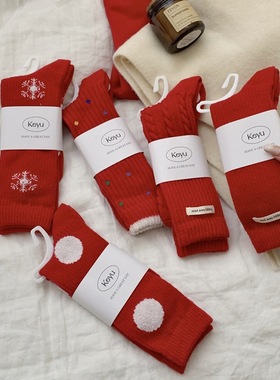 “新年圣诞红”大红袜子女布标中筒袜秋冬天大波点麻花堆堆袜长袜