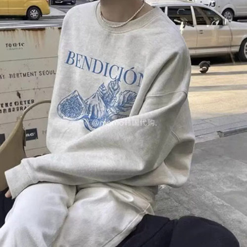 不要太好看～早秋韩设计师fig无花果印花慵懒宽松百搭休闲卫衣