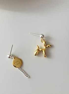 韩国韩版新款925纯银气球狗不对称耳环女小众冷淡风ins耳钉耳饰品